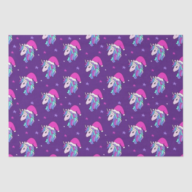 Cute Unicorn in Bright pink santa hat Tissue Paper (Front)