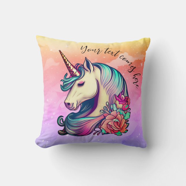 Cute Unicorn in Colourful Sky Throw Pillow (Front)