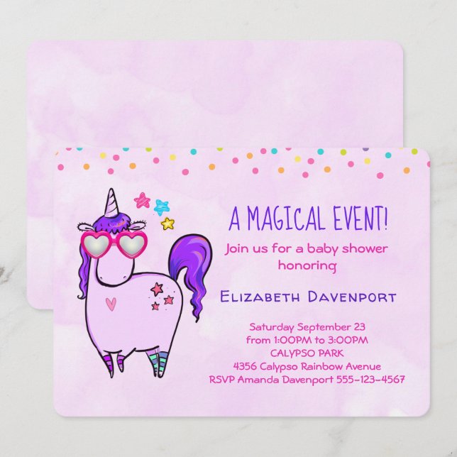 Cute Unicorn in Heart Shaped Glasses Baby Shower Invitation (Front/Back)