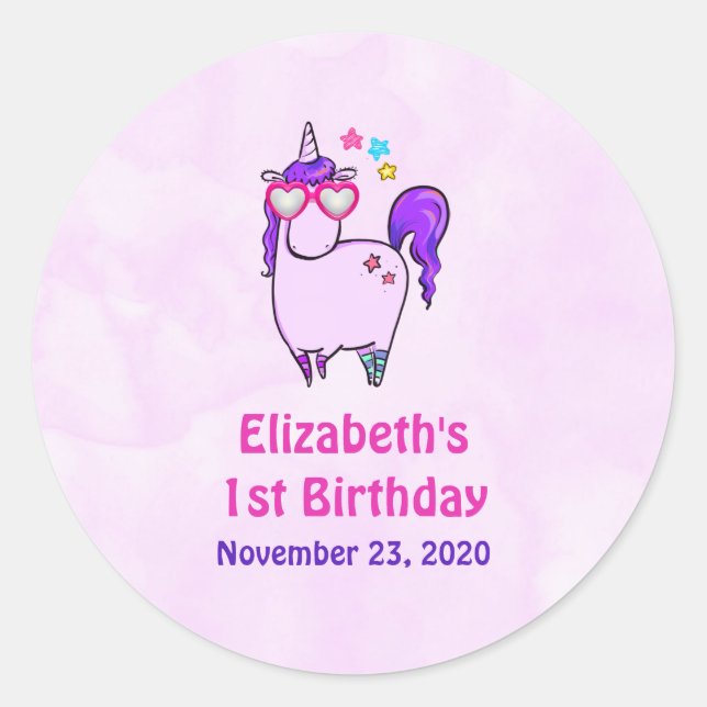 Cute Unicorn in Heart Shaped Glasses Birthday Classic Round Sticker (Front)