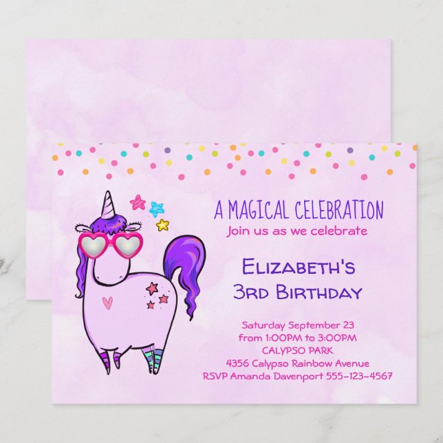 Cute Unicorn in Heart Shaped Glasses Birthday Invitation (Front/Back)