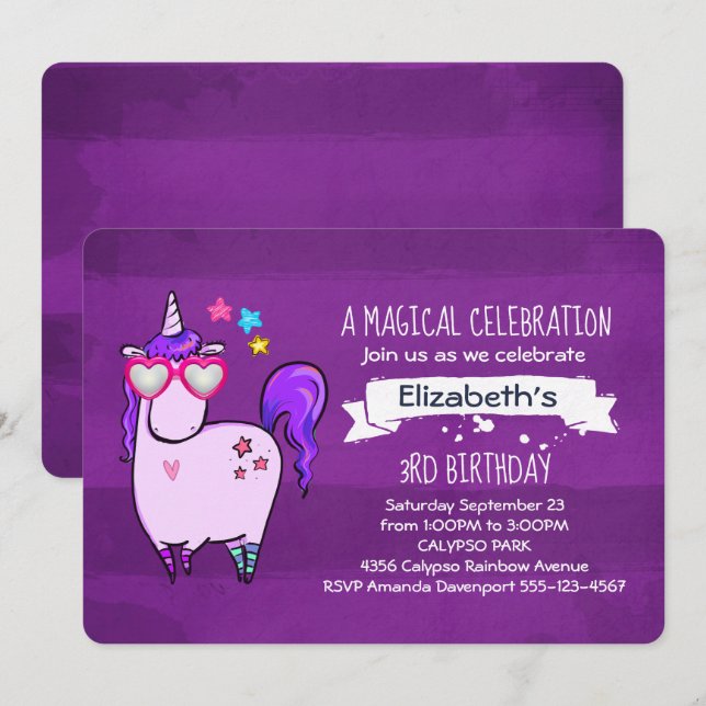 Cute Unicorn in Heart Shaped Glasses Birthday Invitation (Front/Back)
