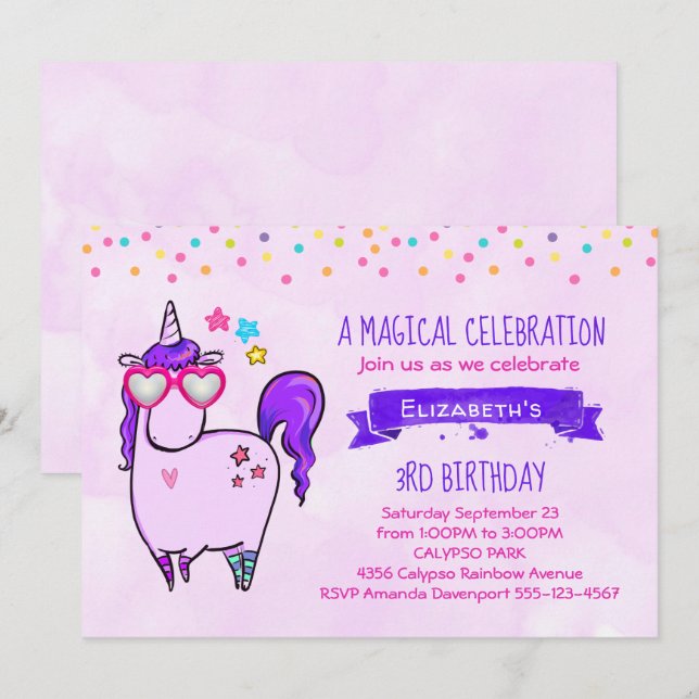 Cute Unicorn in Heart Shaped Glasses Birthday Invitation (Front/Back)