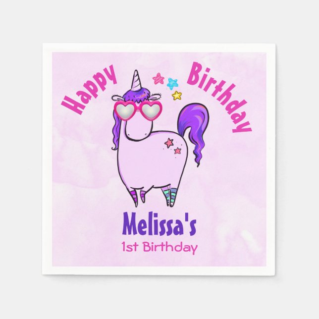 Cute Unicorn in Heart Shaped Glasses Birthday Napkin (Front)