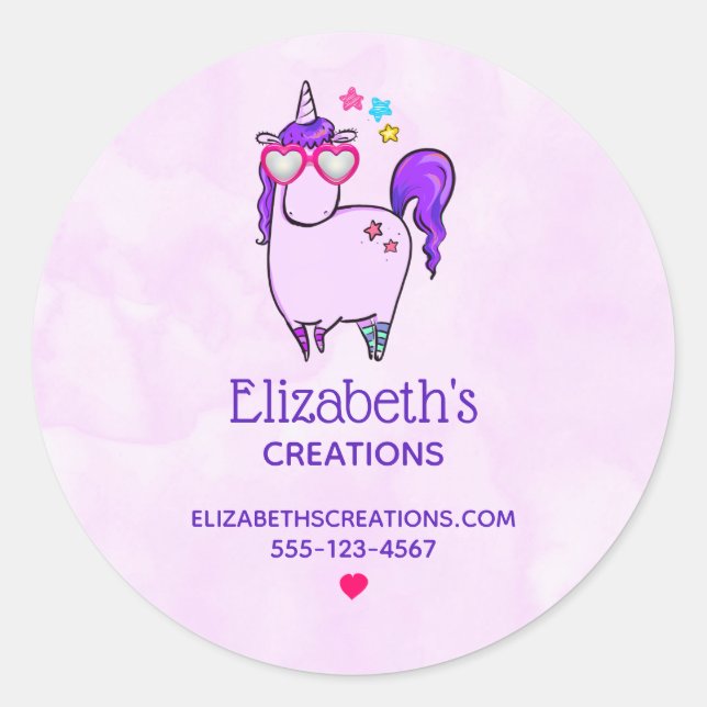 Cute Unicorn in Heart Shaped Glasses Business Classic Round Sticker (Front)