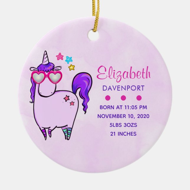 Cute Unicorn in Heart Shaped Glasses Ceramic Ornament (Front)