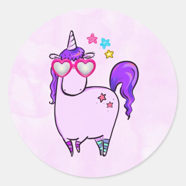 Cute Unicorn in Heart Shaped Glasses Classic Round Sticker (Front)