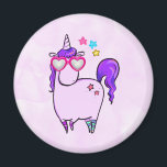 Cute Unicorn in Heart Shaped Glasses Magnet<br><div class="desc">A magnet with a whimsical drawing of a cool and funky pink cubby unicorn which has a purple mane and tale. This cute creature is wearing heart-shaped sunglasses and is decorated with little stars. Pink watercolor background.</div>