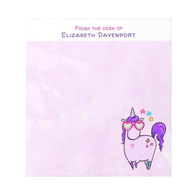 Cute Unicorn in Heart Shaped Glasses Notepad (Front)