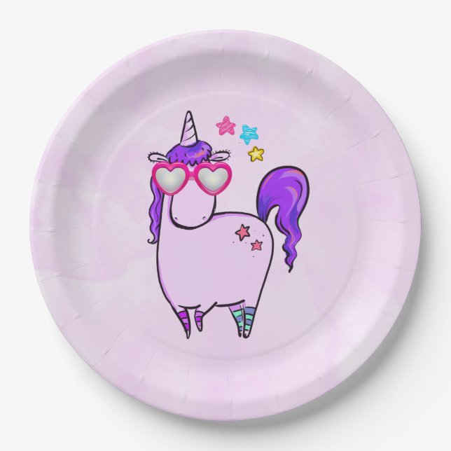 Cute Unicorn in Heart Shaped Glasses Paper Plate (Front)