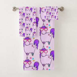 Cute Unicorn in Heart Shaped Glasses Pattern Bath Towel Set