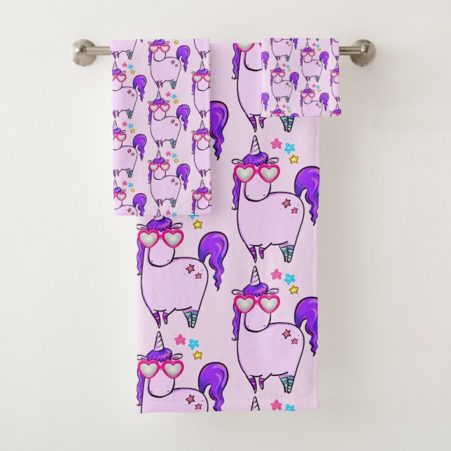 Cute Unicorn in Heart Shaped Glasses Pattern Bath Towel Set (Insitu)