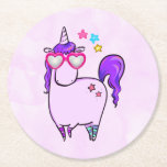 Cute Unicorn in Heart Shaped Glasses Round Paper Coaster<br><div class="desc">Paper coasters with a whimsical drawing of a cool and funky pink cubby unicorn which has a purple mane and tail. This cute creature is wearing heart-shaped sunglasses and is decorated with little stars. Pink watercolor background.</div>