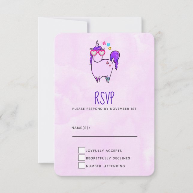 Cute Unicorn in Heart Shaped Glasses RSVP Card (Front)