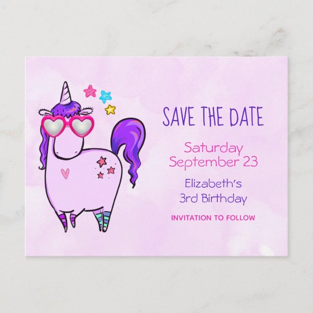 Cute Unicorn in Heart Shaped Glasses Save the Date Invitation Postcard (Front)