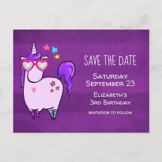 Cute Unicorn in Heart Shaped Glasses Save the Date Invitation Postcard (Front)