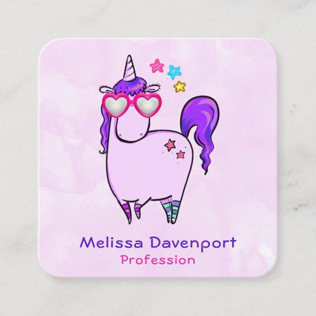 Cute Unicorn in Heart Shaped Glasses Square Business Card (Front)