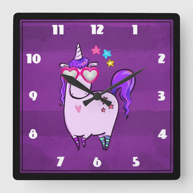 Cute Unicorn in Heart Shaped Glasses Square Wall Clock (Front)