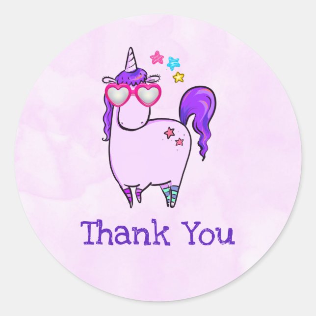 Cute Unicorn in Heart Shaped Glasses Thank You Classic Round Sticker (Front)