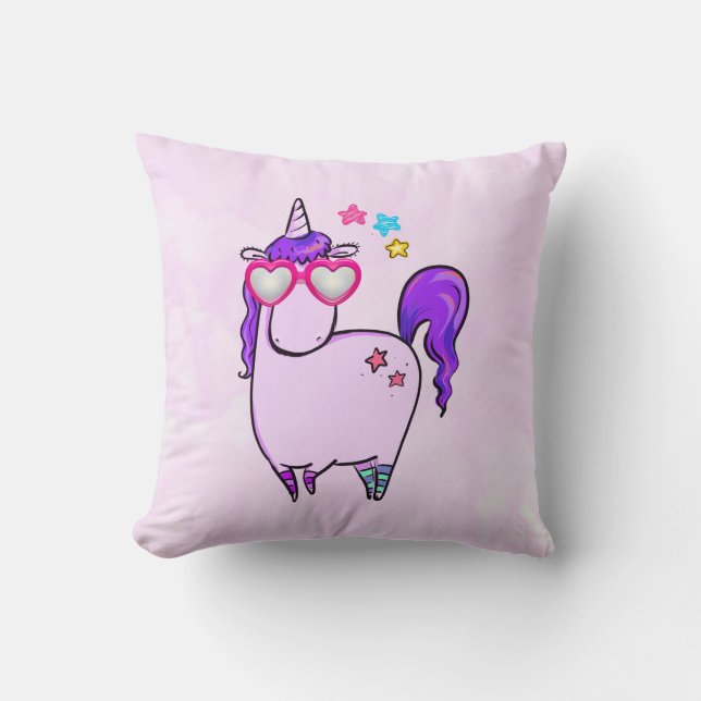 Cute Unicorn in Heart Shaped Glasses Throw Pillow (Front)