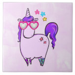 Cute Unicorn in Heart Shaped Glasses Tile<br><div class="desc">A ceramic tile with a whimsical drawing of a cool and funky pink cubby unicorn which has a purple mane and tail. This cute creature is wearing heart-shaped sunglasses and is decorated with little stars. Pink watercolor background.</div>