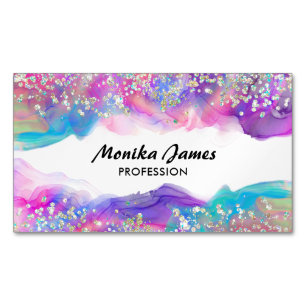 Cute Unicorn Ink Holographic Faux Glitter Monogram Magnetic Business Card