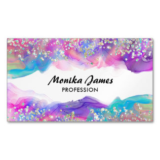 Cute Unicorn Ink Holographic Faux Glitter Monogram Magnetic Business Card