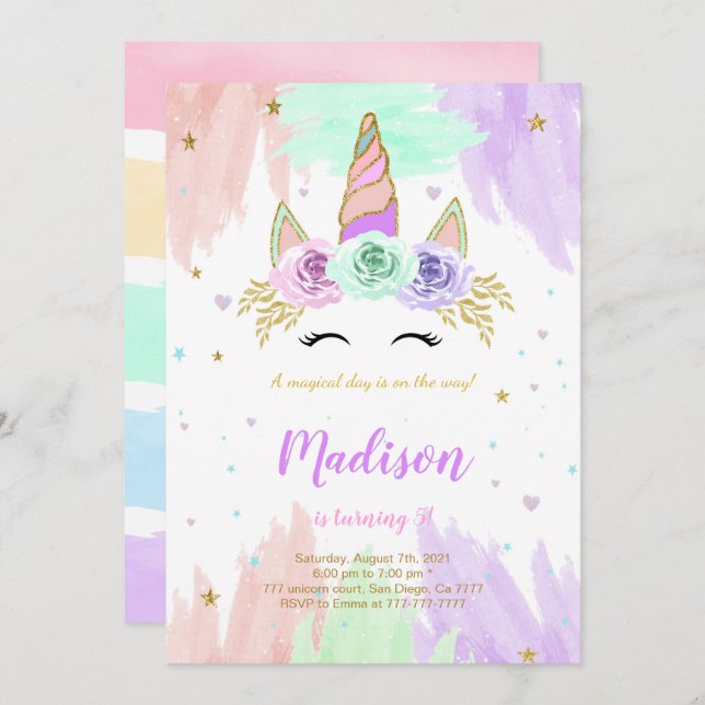Cute Unicorn Invitation Anniversaire (Devant / Derrière)