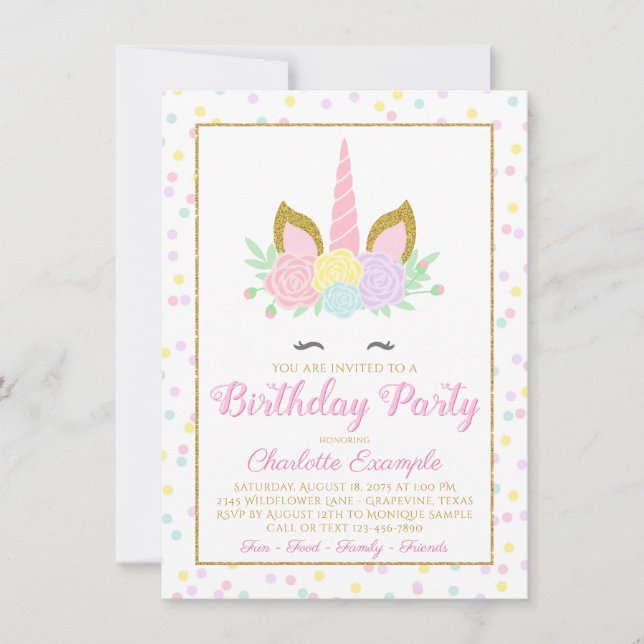 Cute Unicorn Invitations de fête d'anniversaire (Devant)