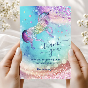 Cute unicorn iridescent glitter girly thank you card