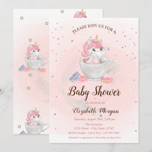 Cute Unicorn,Macaroons, Stars Baby Shower Invitation (Front/Back)