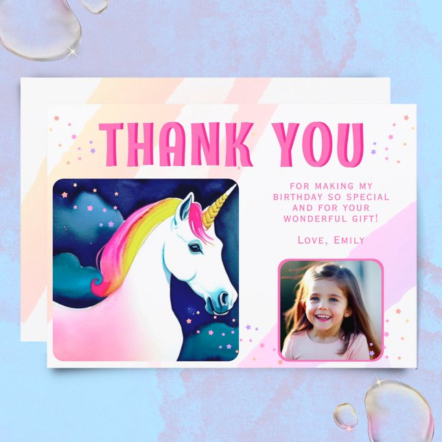 Cute Unicorn Magical Girl Birthday Photo Thank You Card (Creator Uploaded)