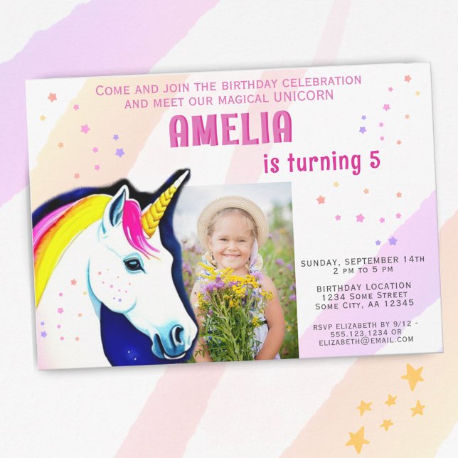 Cute Unicorn Magical Girl Photo Birthday  Invitation (Creator Uploaded)
