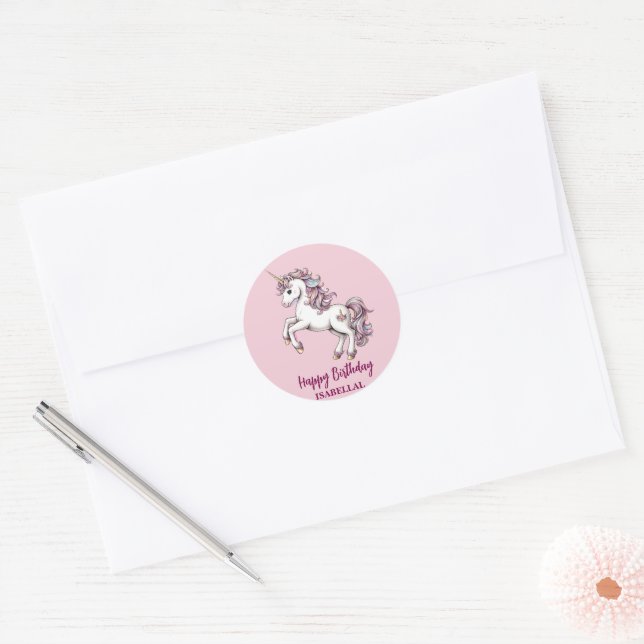 Cute unicorn magical princess  girly birthday kids classic round sticker (Envelope)