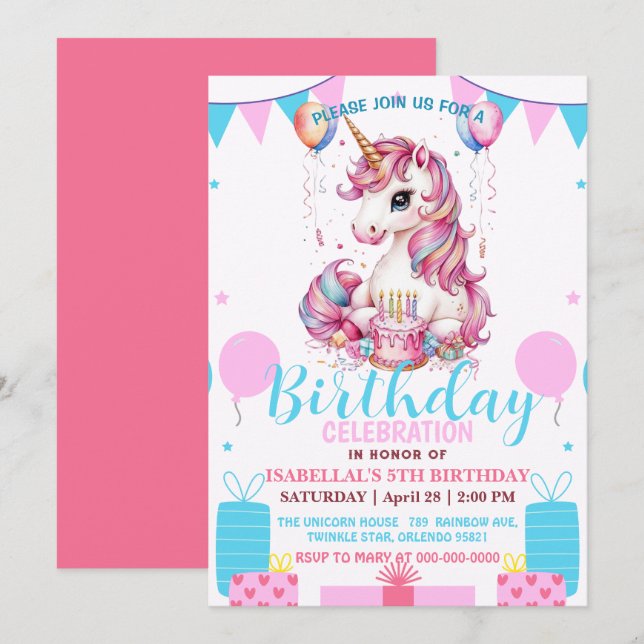Cute unicorn magical princess  girly birthday kids save the date (Front/Back)
