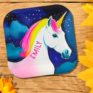 Cute Unicorn Magical Star Girl Name Birthday Paper Plate