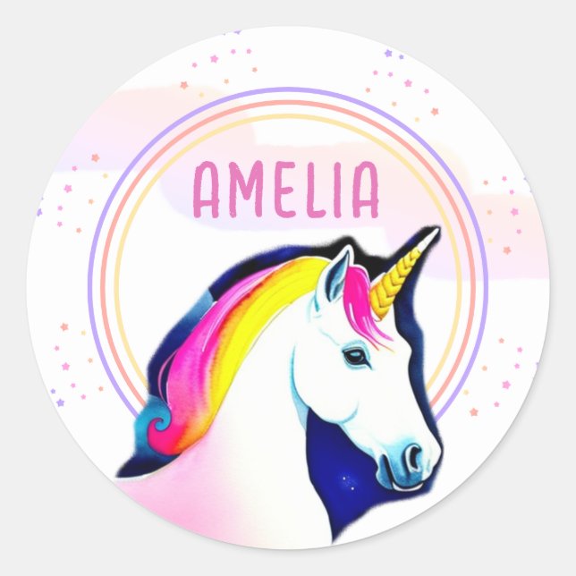 Cute Unicorn Magical Stars Girl Name Birthday  Classic Round Sticker (Front)