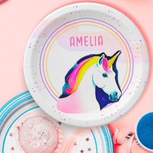 Cute Unicorn Magical Stars Girl Name Birthday Paper Plate