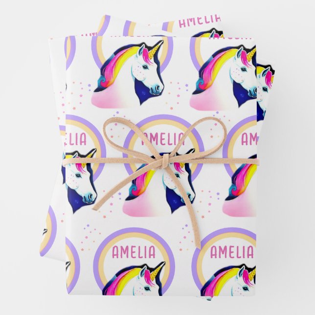 Cute Unicorn Magical Stars Girl Name Birthday  Wrapping Paper Sheet (In situ)