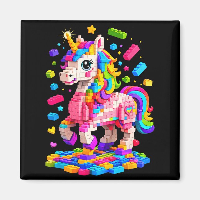 Cute unicorn master builder building bricks blocks magnet (Front)