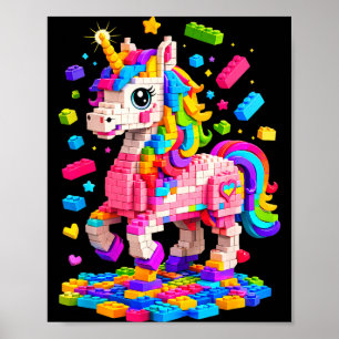 Cute unicorn master builder building bricks blocks poster