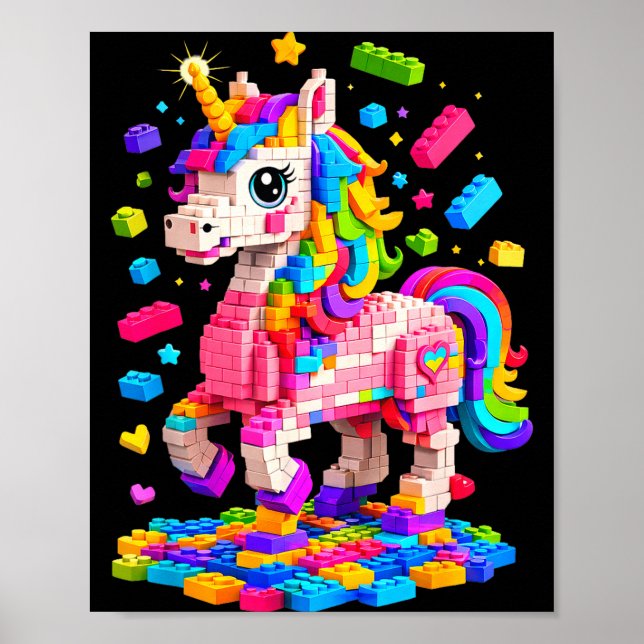Cute unicorn master builder building bricks blocks poster (Front)