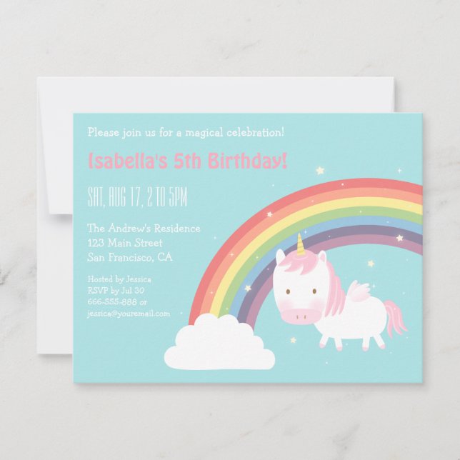 Cute Unicorn Mini Wings Rainbow Birthday Party Invitation (Front)