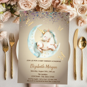 Cute Unicorn Moon Butterfly Confetti Baby Shower Invitation