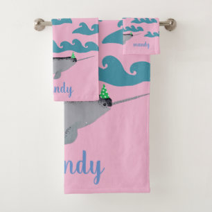 Cute Unicorn Narwhal Whale Sea Kids Name Pink Bath Towel Set