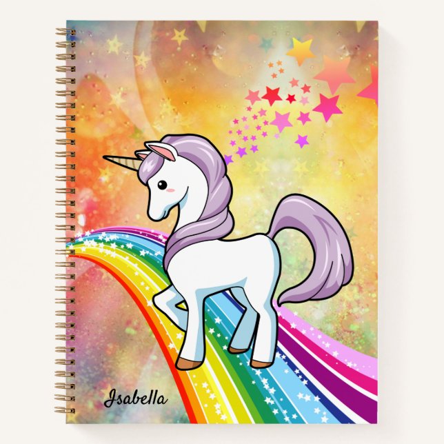 Cute Unicorn On A Rainbow Add Name Notebook (Front)
