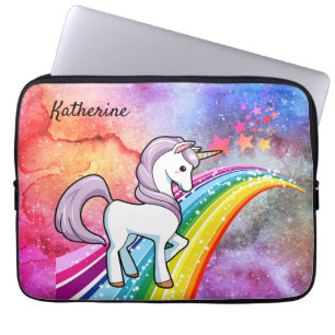 Cute Unicorn On A Rainbow Add Name Padded Laptop Sleeve