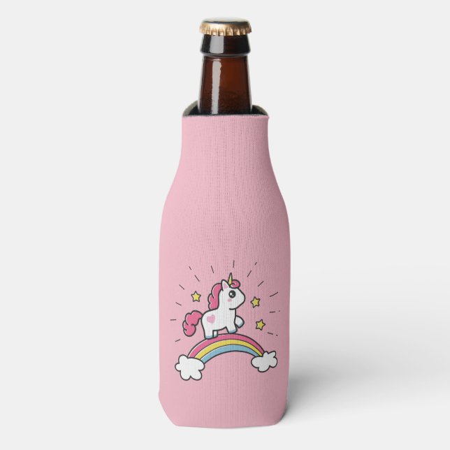 Cute Unicorn On A Rainbow Design Bottle Cooler (Bottle Front)