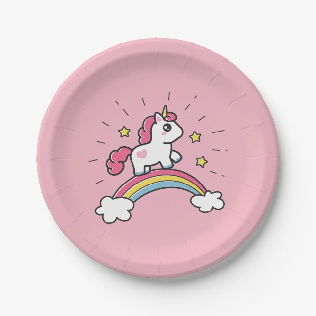 Cute Unicorn On A Rainbow Design Paper Plate (Front)