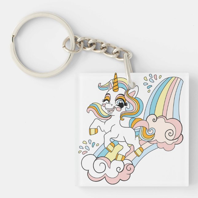 Cute unicorn on a rainbow keychain (Front)